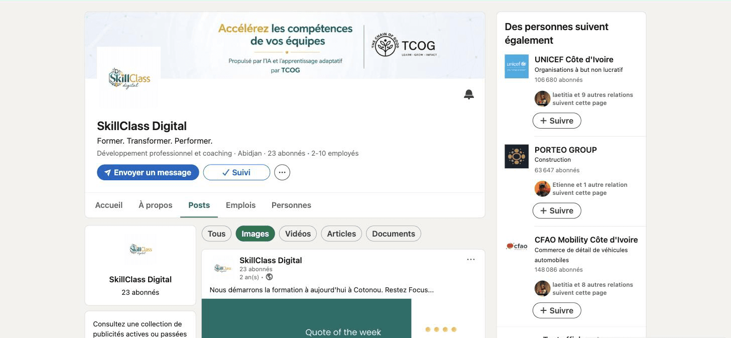 SkillClass Digital LinkedIn company page — brand banner, profile and image posts feed